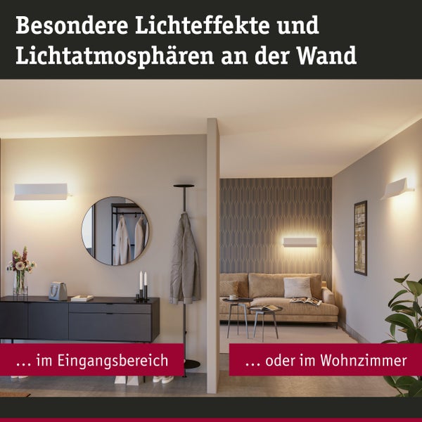 Wandleuchten sorgen für besondere Lichteffekte im Eingangsbereich und im Wohnzimmer.