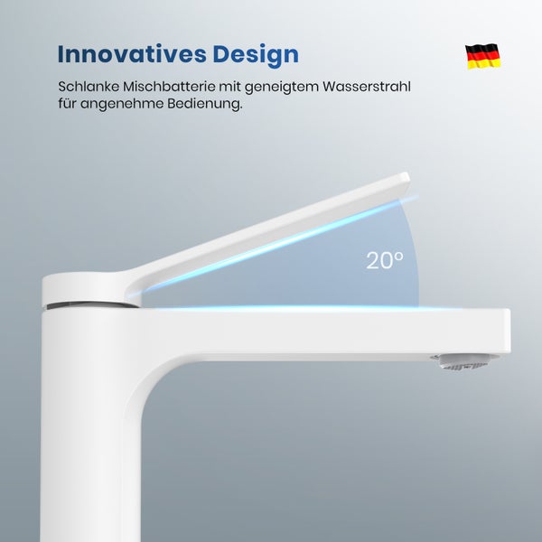Schlanke, weiße Mischbatterie mit 20 Grad Neigung und deutscher Flagge