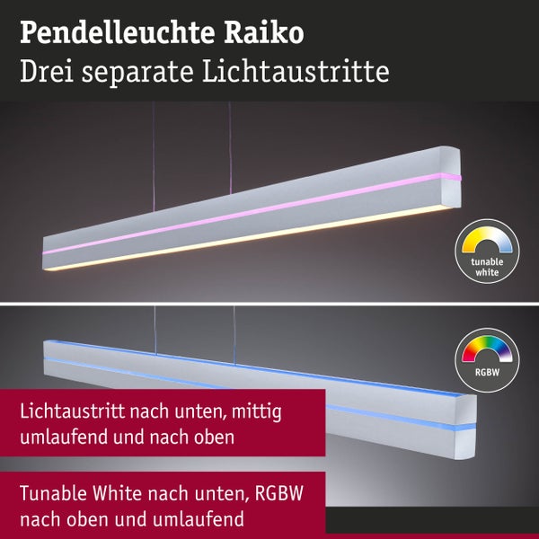 Pendelleuchte Raiko mit drei Lichtaustritten, einstellbarem Weißlicht nach unten sowie farbigem Licht nach oben und umlaufend.