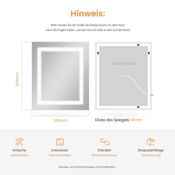 Abmessungen und Rückseite eines LED Spiegels mit Montagehinweisen