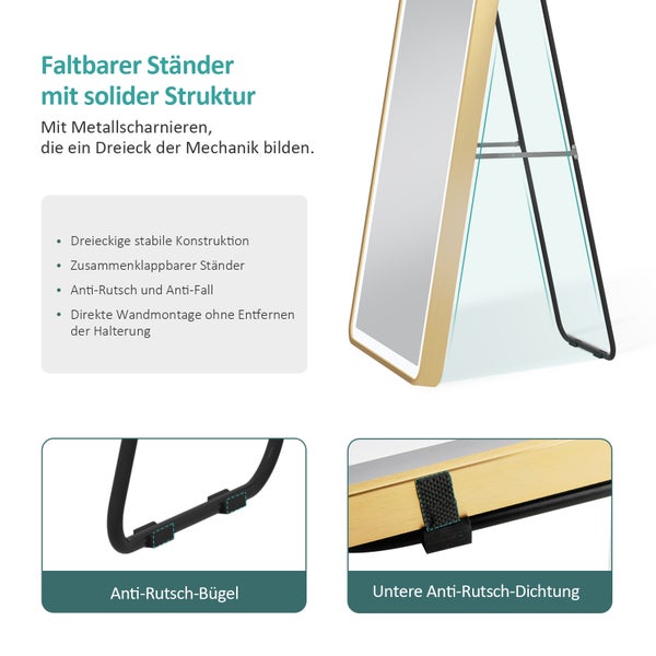 EMKE Bogen Standspiegel Gold, 147 x 45 cm, Ganzkörperspiegel mit LED-Beleuchtung, 3 einstellbare Lichtfarben und dimmbar, Aluminiumrahmen, ideal für Wohn-, Schlaf-, Aufenthalts- und Ankleidezimmer