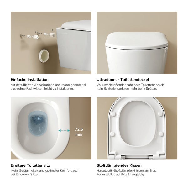 Details einer weißen Wandtoilette mit Zubehör für die einfache Installation, dünnem Toilettendeckel, breiterem Toilettensitz und stoßdämpfenden Kissen