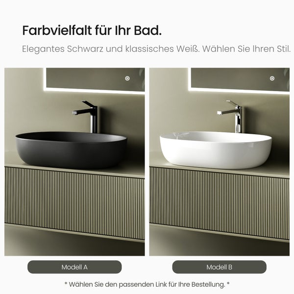 Badgestaltung mit schwarzem und weißem Aufsatzwaschbecken auf Waschtisch