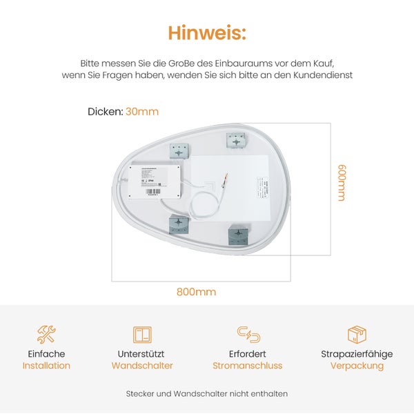 Technische Zeichnung eines Badezimmerspiegels mit den Maßen 800 x 600 mm und einer Dicke von 30 mm