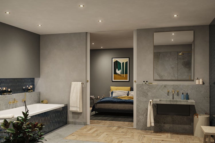 Modernes Badezimmer mit Badewanne, Waschtisch und Durchgang zum Schlafzimmer