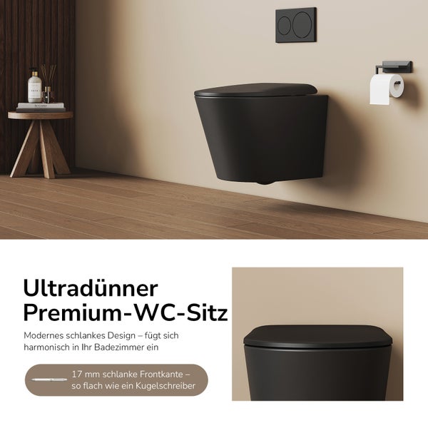 Modernes Badezimmer mit wandhängender Toilette und ultradünnem Toilettensitz mit 17 Millimeter schlanker Frontkante.