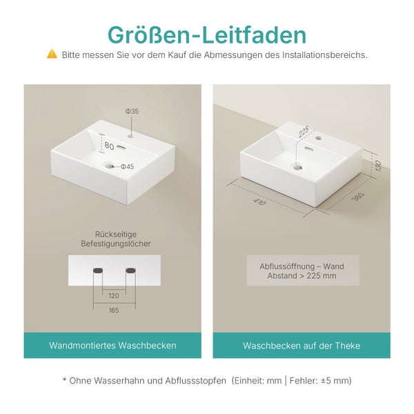 Größenleitfaden für Waschbecken mit Maßangaben für Wandmontage und Aufsatzmontage