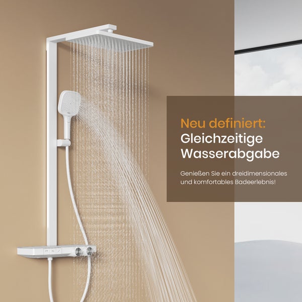 EMKE Duschsystem mit Thermostat, LED-Temperaturanzeige, Regendusche 36 x 24 cm, 4 Strahlarten, höhenverstellbare Brausestange, Weiß Matt