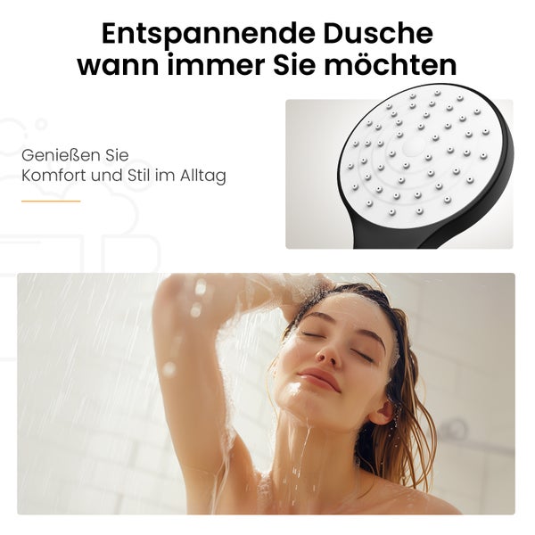 EMKE Duschsäule mit Handbrause, Seifenschale und 1,5 m Brauseschlauch, Duschset in Schwarz, verchromt, Ø19 mm Duschstange aus Edelstahl, KTW