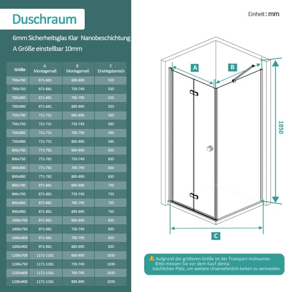 EMKE Duschkabine 90x80cm Duschabtrennung 6mm ESG klares Sicherheitsglas Falttür Duschtür mit Seitenwand Höhe: 185cm