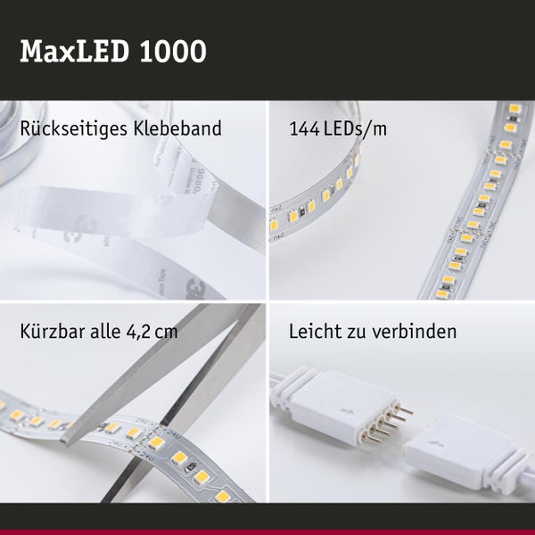 MaxLED 1000 LED-Streifen Eigenschaften: rückseitiges Klebeband, 144 LEDs pro Meter, kürzbar alle 4,2 Zentimeter, leicht zu verbinden
