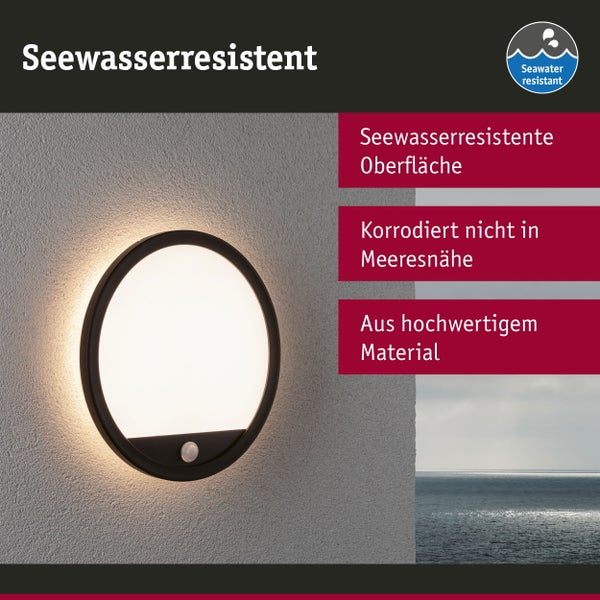 LED Außenpanel Lamina Backlight Dämmerungsgesteuerter Bewegungsmelder (IR) seewasserresistent IP44 rund 280mm 3000K 14,5W 1200lm 230V Schwarz Kunststoff