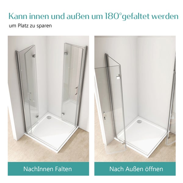 EMKE Eckdusche Duschkabine Eckeinstieg höhe 195cm Duschwand, BxT: 75x80 cm, Duschabtrennung 6mm ESG Nano Glas Hebe-Senk Mechanismus Falttür Chrom