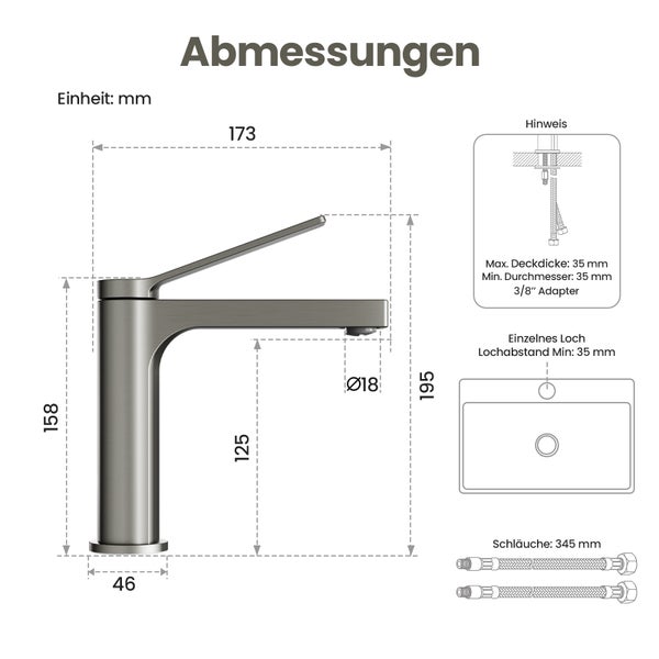 EMKE Einhebel-Waschtischarmatur, Badarmaturen, Schweizer Design, G3/8， Wassersparend, Bleifreies Messing, Korrosionsschutz, Pflegeleicht, Anthrazit