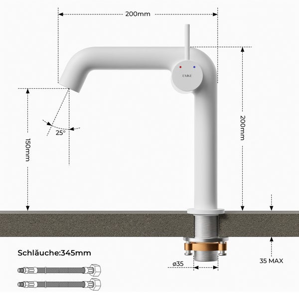 EMKE Einhebel-Waschtischarmatur, Badarmaturen, Waschbecken Armatur - Schweizer Design, Minimalistisches Design，G3/8, Wassersparend, Korrosionsschutz, Warm- & Kaltwasser, Bleifreies Messing, Pflegeleicht, Weiß Matt