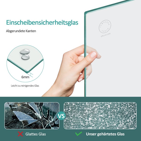 Einscheibensicherheitsglas mit abgerundeten Kanten und einer Dicke von 6 mm, leicht zu reinigen, im Vergleich zu normalem Glas, das in größeren Stücken zerbricht, zerfällt gehärtetes Glas in kleinere Teile