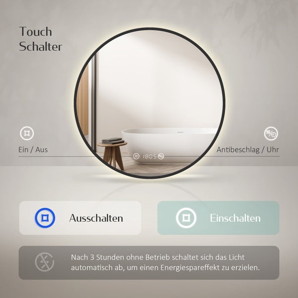 EMKE Badspiegel mit Beleuchtung ф70cm, runder LED-Spiegel mit Touchschalter und Uhr, Badspiegel mit schwarzen Rahmen, Neutralweiß