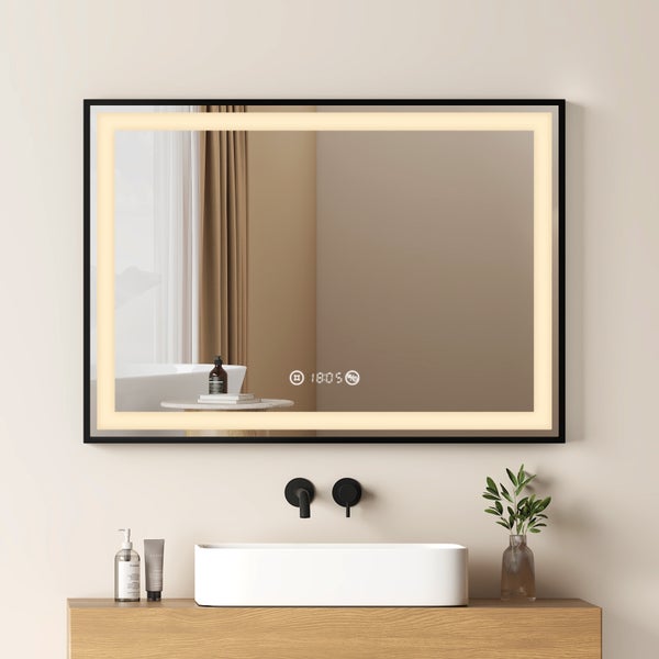 EMKE LED Badspiegel mit Beleuchtung 700×500 mm, Mattierter Spiegelrand, 4300K Neutrallicht, Antibeschlag & Uhr, Schwarzer Rahmen, für Badezimmer geeignet