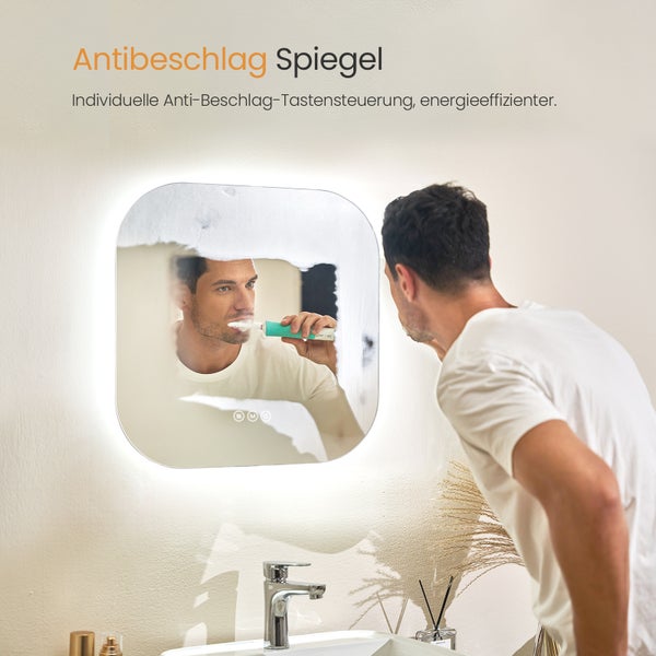 EMKE LED Badspiegel 60 x 60 cm, rahmenloses Design, 3 Farbtemperaturen & Helligkeit einstellbar, mit Memory-Funktion, horizontal montierbar, IP44, für Bad