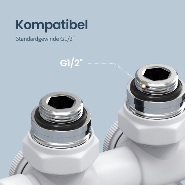 EMKE Heizkörperthermostat Multiblock-Set – Anschlussarmatur mit Thermostat für Heizkörper und Handtuchtrockner, Heizungszubehör in Eck- und Durchgangsform φ16xG1/2, Weiß