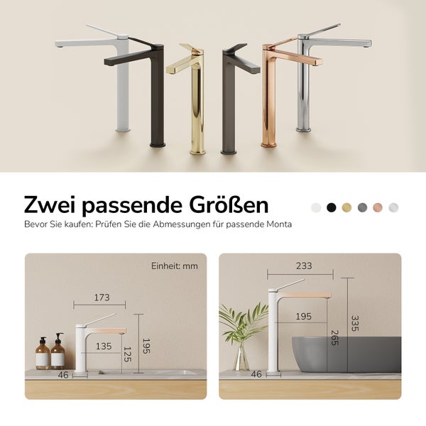 Verschiedene Ausführungen eines Waschbecken Wasserhahns mit Maßen