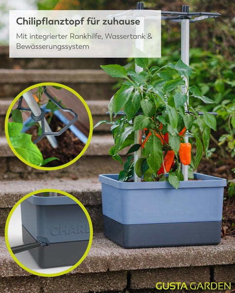 Chilipflanztopf mit Rankhilfe, Wassertank und Bewässerungssystem für den Innenbereich