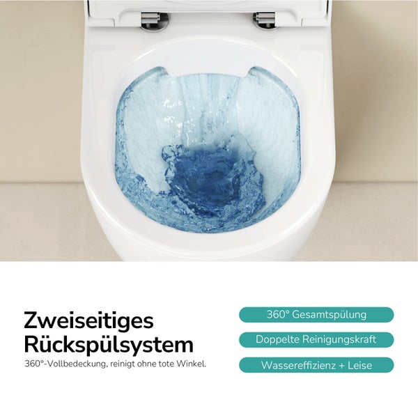 Spültoilette mit zweiseitigem Rückspülsystem in Betrieb