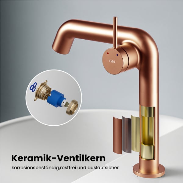 EMKE Einhebel-Waschtischarmatur, Badarmaturen, Waschbecken Armatur - Schweizer Design, Minimalistisches Design，G3/11, Wassersparend, Korrosionsschutz, Warm- & Kaltwasser, Bleifreies Messing, Pflegeleicht, Rosengold