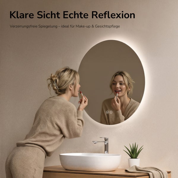 Runder LED Badezimmerspiegel mit integrierter Beleuchtung über einem Waschbecken in einer modernen Badezimmerumgebung