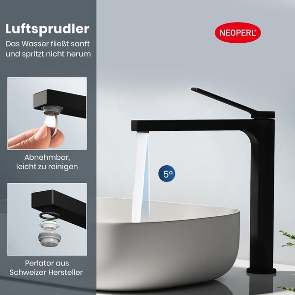 Schwarzer Wasserhahn mit Neoperl Luftsprudler für sanften Wasserfluss