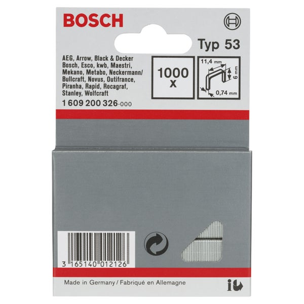 Bosch Typ 53 Klammern, 1000 Stück, mit den Maßen 11,4 mm x 6 mm x 0,74 mm