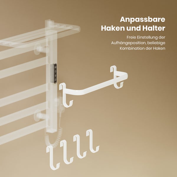 Handtuchwärmer mit verstellbaren Haken und Halter zur freien Einstellung der Aufhängeposition