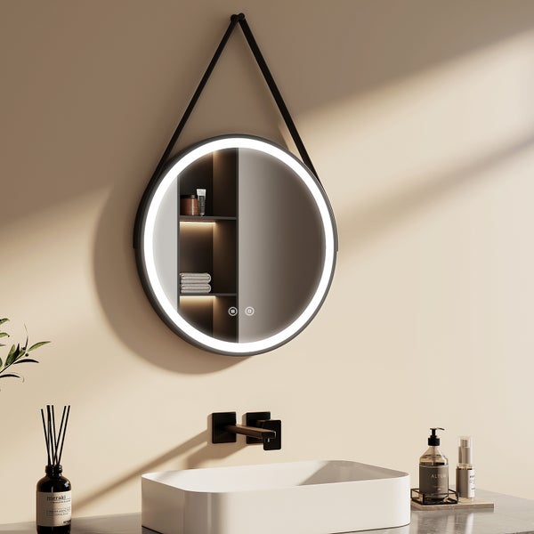EMKE LED Badspiegel mit Beleuchtung Ø50 cm, Kaltweiß Licht, Touch-Schalter, Antibeschlag, IP44, Schwarz Rahmen & Zierleiste, IP44, für Badezimmer