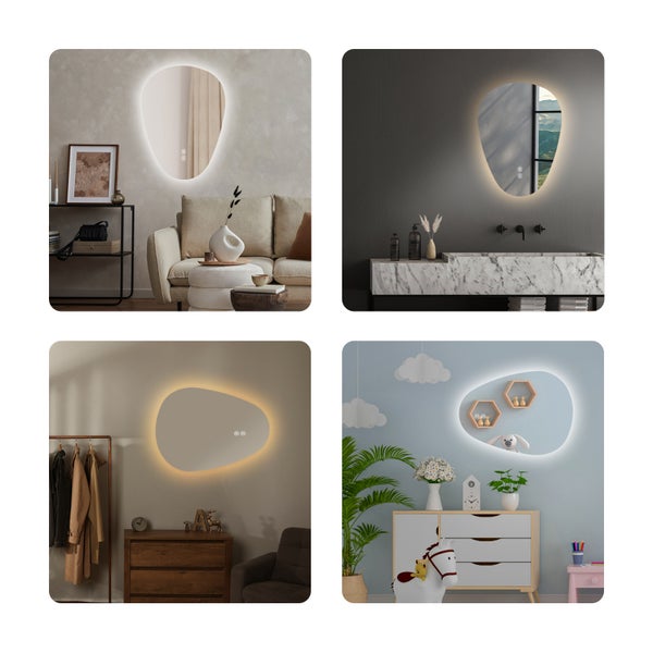 EMKE LED Badspiegel 70x50 cm, asymmetrisches Design, 3 dimmbare Lichtfarben & Helligkeit einstellbar, beschlagfrei, Memory-Funktion, horizontal & vertikal montierbar, IP44, für Bad