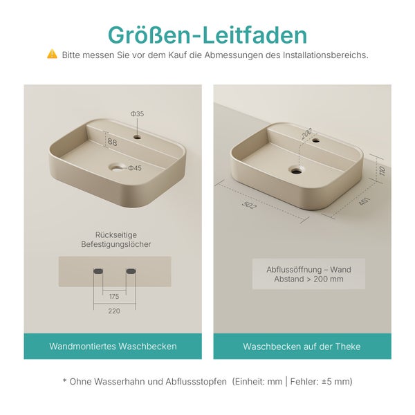 Größeninformationen für ein Waschbecken zur Wandmontage und ein Aufsatzwaschbecken mit Maßangaben