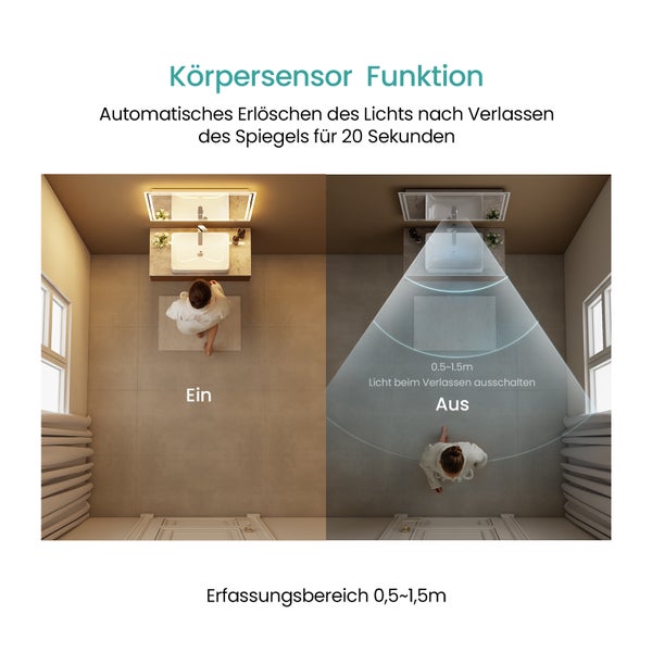 EMKE Badspiegel mit Beleuchtung 80 x 60 cm, Touch- & Sensorschalter, Anti-Beschlag, dimmbar, Warmweiß/Neutralweiß/Kaltweiß, 51 W, Aluminiumrahmen Weiß, flexibel montierbar, für Badezimmer