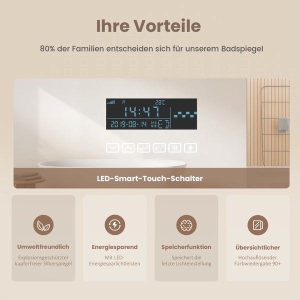 EMKE Badspiegel mit Beleuchtung 80 x 60 cm, LED-Spiegel mit Touchschalter, Badsiegel mit Bluetooth, Anti-Beschlag, 3-fache Vergrößerung, Kaltweiß
