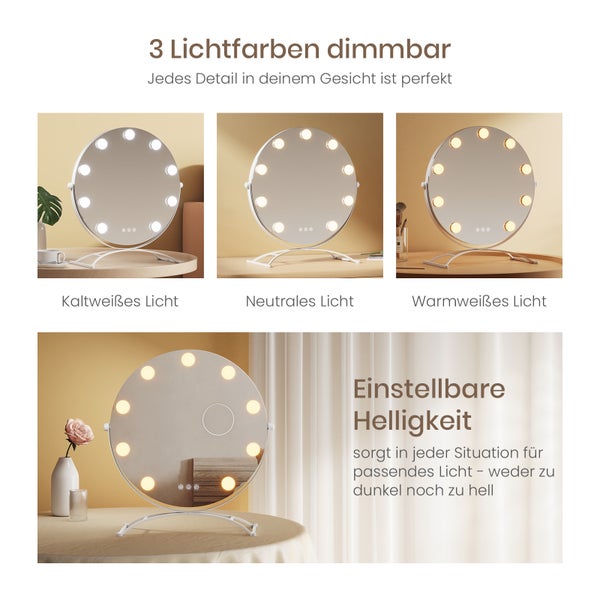 Tischspiegel mit drei einstellbaren Lichtfarben und Dimmfunktion.