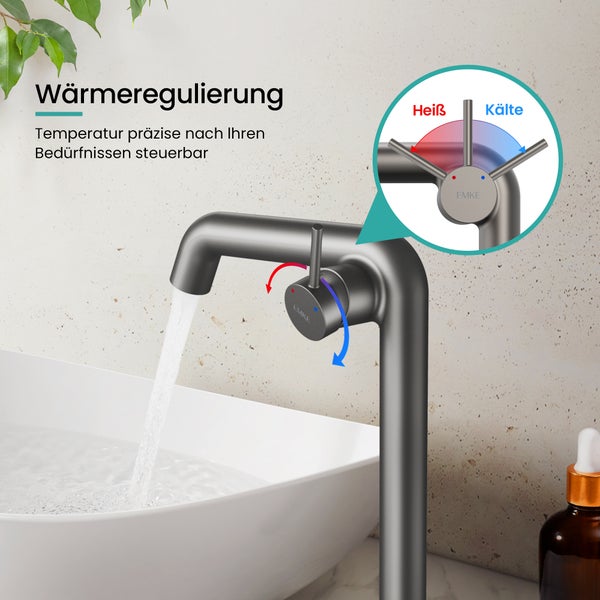 EMKE Einhebel-Waschtischarmatur, Badarmaturen, Waschbecken Armatur - Schweizer Design，G3/8, Wassersparend, Korrosionsschutz, Warm- & Kaltwasser, Bleifreies Messing,332x220x76mm,Anthrazit Matt