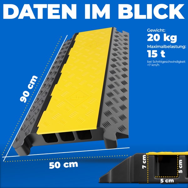 3 Kanal Kabelbrücke mit Deckel überfahrbar Stolperschutz Rampe Brücke Protektor | 15 t Tragkraft | Gummi