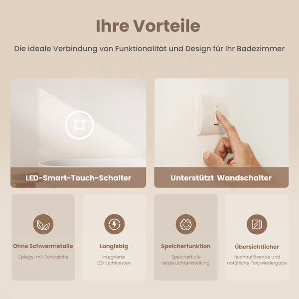 Produktvorteile eines Badezimmerspiegels mit LED Beleuchtung Touch Steuerung Wandschalter Kompatibilität Langlebigkeit und Speicherfunktion.