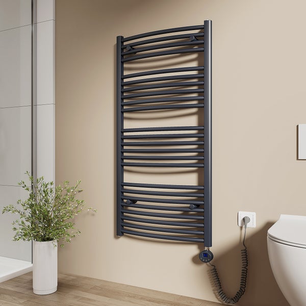 EMKE Elektrischer Badheizkörper 120x60 cm, Gebogener Handtuchwärmer mit Heizstab & Thermostat, 600W, Anthrazit, für Badezimmer geeignet