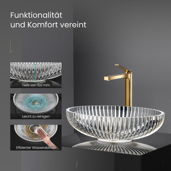 EMKE Aufsatzwaschbecken Tempered Lead Crystal Glass, 51 x 35 cm, Transparent, Badezimmer Waschbecken mit Elektroplattiertem Design, Ohne Hahnloch, Für Badezimmer und WC, Höhe 15 cm