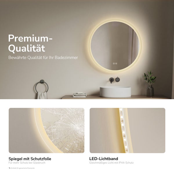 Runder LED Badezimmerspiegel mit integrierter Beleuchtung, Schutzfolie gegen Glasbruch und IP44 Spritzwasserschutz im Badezimmerambiente.