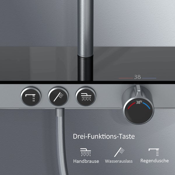 EMKE Duschsystem mit Thermostat, Regendusche & Handbrause mit 3 Strahlarten, Glasablage, Verbrühungsschutz, KTW-zertifiziert, Wandmontage, Anthrazit Matt
