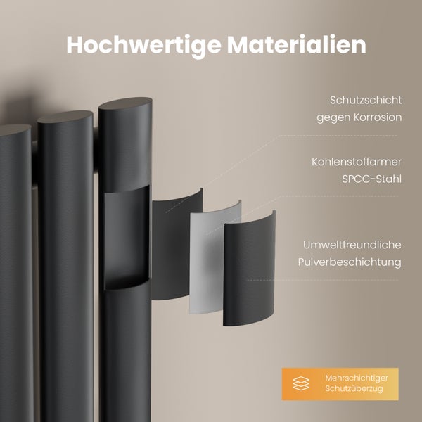 EMKE Badheizkörper 600×240 mm, Designheizkörper, Vertikal, Einzelrohr oval, 177W, Matt Schwarz, für Warmwasserbetrieb, für Bad, Zentralanschluss