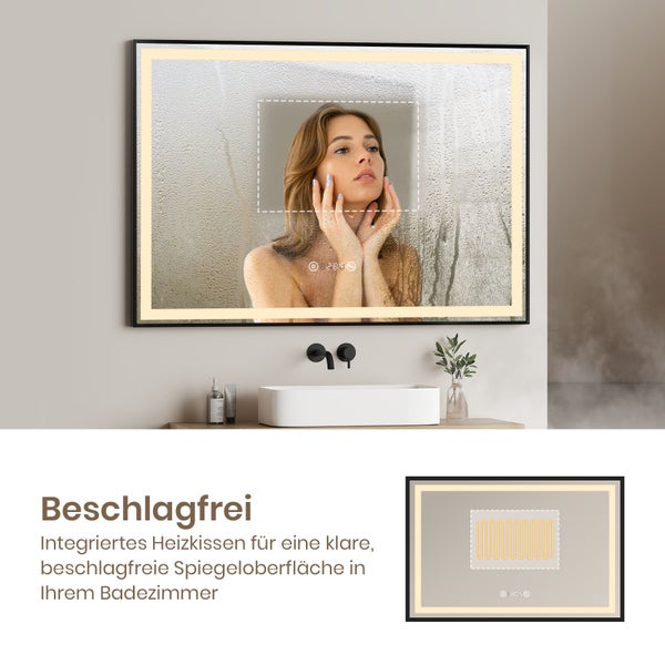 EMKE LED Badspiegel mit Beleuchtung 1200×700 mm, Mattierter Spiegelrand, 4300K Neutrallicht, Antibeschlag & Uhr, Schwarzer Rahmen, für Badezimmer geeignet