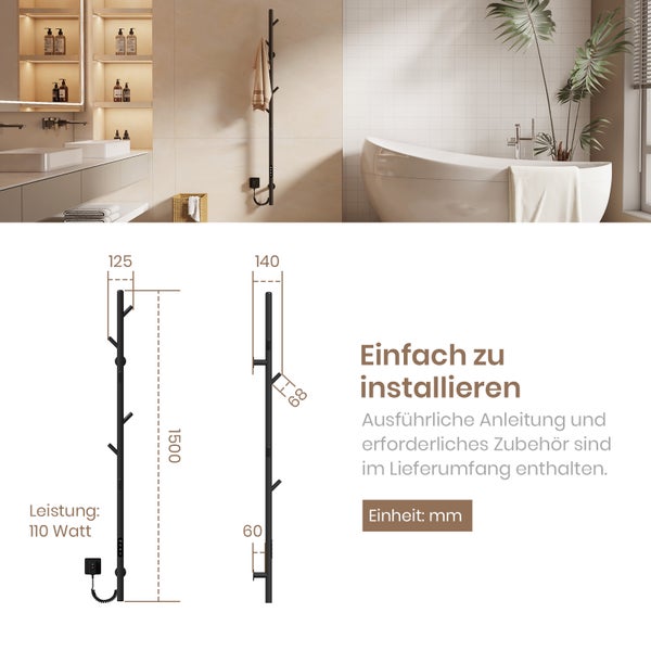 EMKE Elektrischer Handtuchheizkörper – 110 W, LED-Display, Intelligentes Thermostat, WiFi/APP-Steuerung, Timer, für Badezimmer und Flur, 150 cm hoch, Schwarz