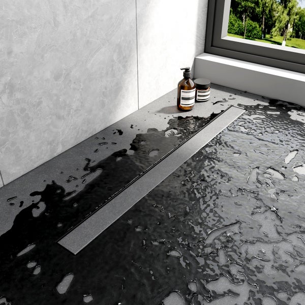 EMKE Duschrinne Edelstahl 2-in-1 Komplettse, 800mm, Befliesbar, Extra Flach, Schwarz mit Haarsieb und Siphon - Standardgröße Adapter 40/50mm, Einbauhöhe 77-96mm, Wasserdurchfluss 30L/Min.