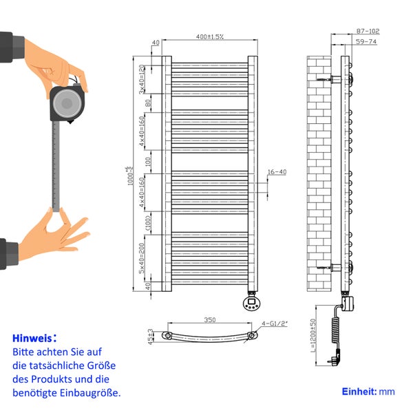 EMKE Badheizkörper Elektrisch Handtuchwärmer mit Thermostat Gebogen 100x40cm 300 Watt Weiß Handtuchtrockner Handtuchheizkörper Bad